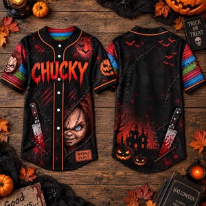 May include: A black button-down baseball jersey featuring a Chucky graphic, the text CHUCKY, and WANNA PLAY. The design includes a bloody knife, stitched patterns, a haunted house, and pumpkins. The sleeves have a multi-colored striped pattern.
