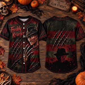 May include: A button-down baseball jersey featuring a dark red and black horizontal striped pattern with claw mark graphics. The front displays the text Freddy Krueger and an image of the character, while the back shows a silhouette of the figure.