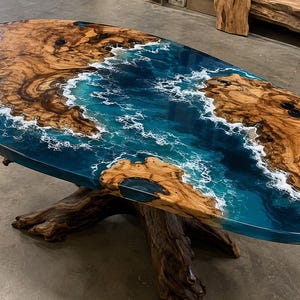Live Edge Ocean Epoxy Resin Dining Table, Handmade Coastal River Table, Blue Sea Wave Wood Table, Rustic Luxury Furniture, Natural Tree Root