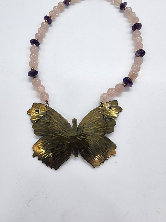 Vintage Butterfly Amethyst and Rose Quartz Necklac