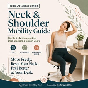 Könnte beinhalten: Ein digitaler Ratgeber mit dem Titel Desk Wellness Series: Neck & Shoulder Mobility Guide. Er enthält Informationen zu sanften täglichen Bewegungen für Büroangestellte, einen 7-Tage-Plan, 5-10-minütige Einheiten und benötigt keine Ausrüstung.