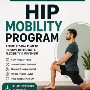 Könnte beinhalten: Ein digitaler Flyer für ein 7-Tage-Hüftmobilitätsprogramm mit dem Text 7-DAY PLAN TO LOOSEN HIPS, MOVE BETTER & FEEL BETTER, HIP MOBILITY PROGRAM, A SIMPLE 7-DAY PLAN TO IMPROVE HIP MOBILITY, FLEXIBILITY & MOVEMENT sowie INSTANT DOWNLOAD PDF PRINTABLE.