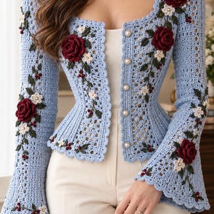 Floral Crochet Cardigan Pattern, 3D Rose Sweater PDF, Crochet Jacket Pattern, Sizes XS to 5X, Plus Size Digital Download