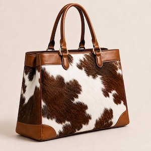May include: A structured handbag featuring a brown and white cowhide pattern on the main body, complemented by smooth brown leather trim, dual top handles, and gold-toned hardware rings connecting the handles to the bag's upper frame.