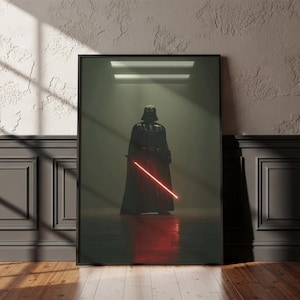 Darth Vader-affisch | Star Wars-väggkonst | Röd ljussabel-tryck | Sci-fi-spelrumsdekor | Mörk filmisk skurkillustration, gåva