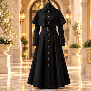 May include: A floor-length black coat featuring a structured capelet overlay, a collared neckline, and long sleeves. The garment is cinched at the waist with a matching belt and features a vertical row of metallic buttons down the front.