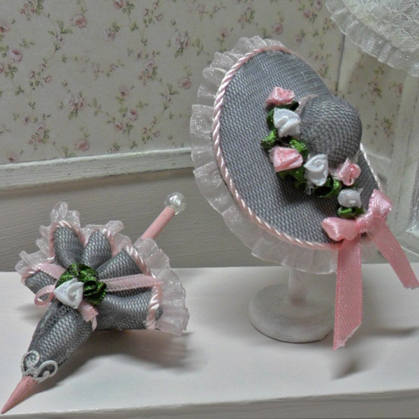 Chapeau et parapluie romantique, miniature, maison de poupée 01:12