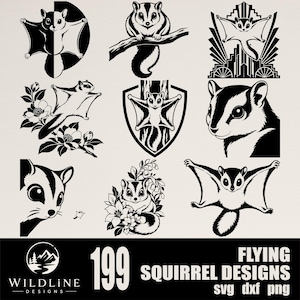 May include: A collection of black and white graphic illustrations featuring sugar gliders in various poses, including perched on branches, flying, and surrounded by floral elements. The text reads 199 FLYING SQUIRREL DESIGNS svg dxf png.