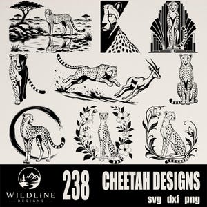 May include: A collection of black and white digital illustrations featuring cheetahs in various poses, including running, sitting, and standing, surrounded by floral wreaths, geometric patterns, and landscapes, with the text 238 CHEETAH DESIGNS.