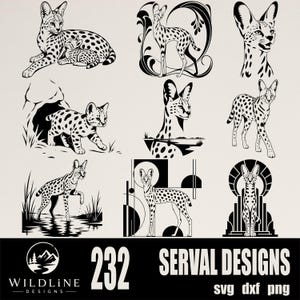Op de afbeelding: Een verzameling zwart-wit illustraties van servals in verschillende houdingen, waaronder staand, zittend en lopend. De tekst onderaan luidt 232 SERVAL DESIGNS, samen met het Wildline Designs logo en de bestandsformaten SVG, DXF en PNG.