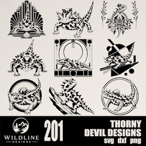 Könnte beinhalten: Eine Sammlung von neun schwarz-weißen grafischen Illustrationen, die Dornteufel in verschiedenen Posen und geometrischen Rahmen zeigen. Der untere Bereich enthält den Text 201 THORNY DEVIL DESIGNS SVG DXF PNG und ein Logo mit Bergsymbol.