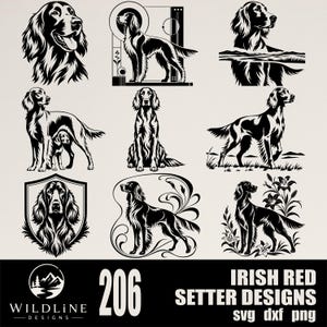May include: A collection of nine black and white graphic illustrations featuring Irish Red Setter dogs in various poses, including standing, sitting, and portrait views, with decorative elements like shields, floral patterns, and geometric shapes.