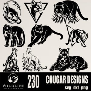 Pode incluir: Uma coleção de ilustrações digitais em preto e branco com várias poses de pumas, incluindo pumas com filhotes, pumas em triângulos e pumas com detalhes florais. O texto inferior diz 230 COUGAR DESIGNS SVG DXF PNG.