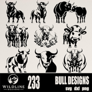 May include: A collection of black and white bull illustrations featuring various poses, including bulls with calves, floral accents, and geometric patterns. The bottom text reads 233 BULL DESIGNS SVG DXF PNG with a Wildline Designs logo.