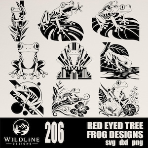 May include: A collection of black and white digital illustrations featuring red-eyed tree frogs in various poses on leaves, branches, and geometric patterns. The bottom section includes the text 206 RED EYED TREE FROG DESIGNS svg dxf png.