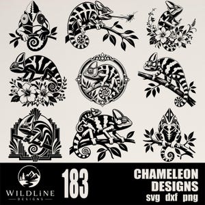 Könnte beinhalten: Eine Sammlung von neun schwarz-weißen grafischen Illustrationen, die Chamäleons in verschiedenen Posen auf Ästen zeigen, einige mit floralen Akzenten oder geometrischen Rahmen. Unten steht der Text 183 CHAMELEON DESIGNS svg dxf png.