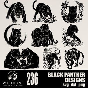 May include: A collection of black panther illustrations featuring various poses including a snarling panther, a panther with prey, panthers with cubs, and floral motifs. The text at the bottom reads 236 BLACK PANTHER DESIGNS svg dxf png.