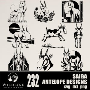 Könnte beinhalten: Eine Sammlung von schwarz-weißen grafischen Illustrationen, die Saiga-Antilopen in verschiedenen Posen wie Stehen, Laufen und Porträts zeigen, ergänzt durch florale und geometrische Dekorelemente, beschriftet mit 232 SAIGA ANTELOPE DESIGNS.