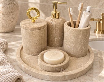 Travertin-Badezimmer-Accessoires-Set – 5-teiliges Naturstein-Waschtisch-Dekor