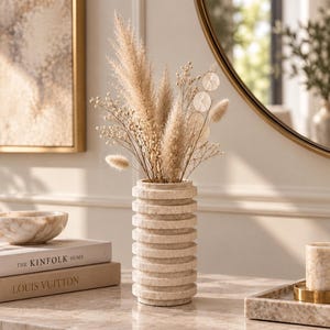 Sculptural Travertine Vase – Handmade Ribbed Natural Stone Vase for Modern Organic Decor image 1