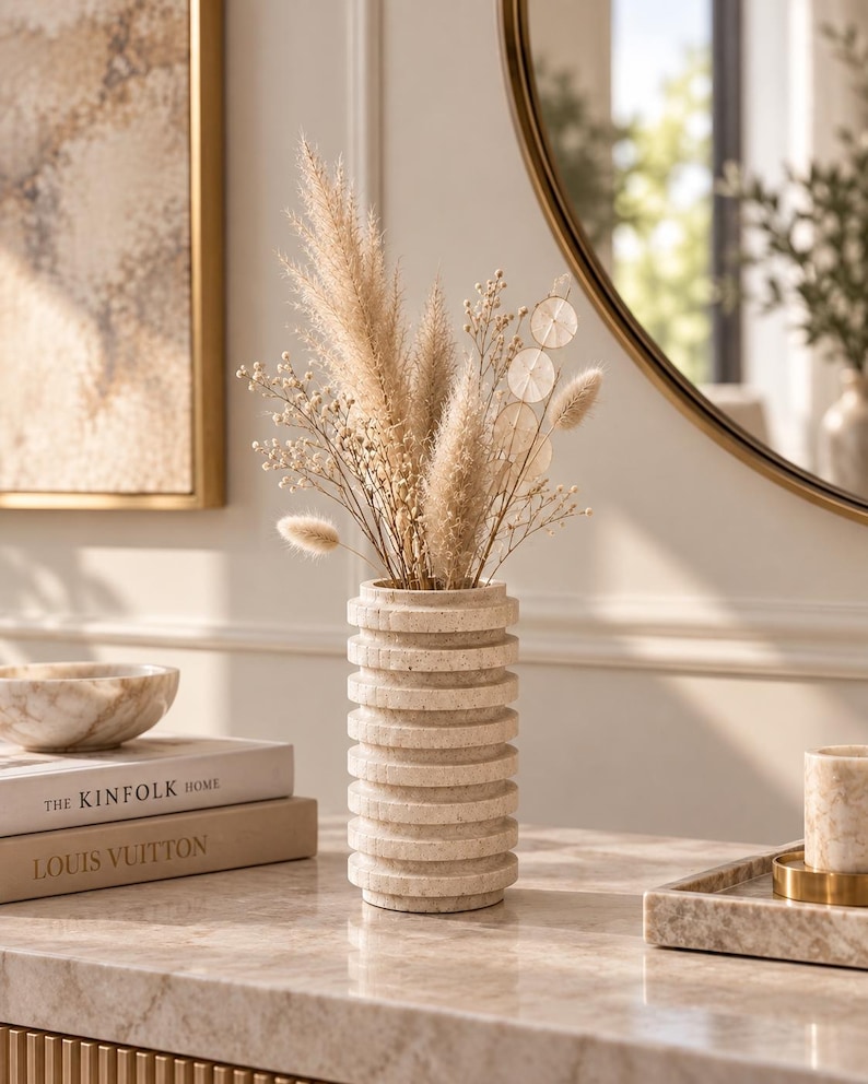 Sculptural Travertine Vase – Handmade Ribbed Natural Stone Vase for Modern Organic Decor image 1
