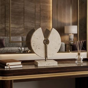 K&ouml;nnte beinhalten: Eine dekorative Skulptur bestehend aus zwei beigen, gesprenkelten, halbkreisf&ouml;rmigen Steinplatten auf einem rechteckigen Sockel. Eine schlanke, metallische Figur steht zwischen den Platten, die zusammen eine Kreisform mit L&uuml;cke bilden.