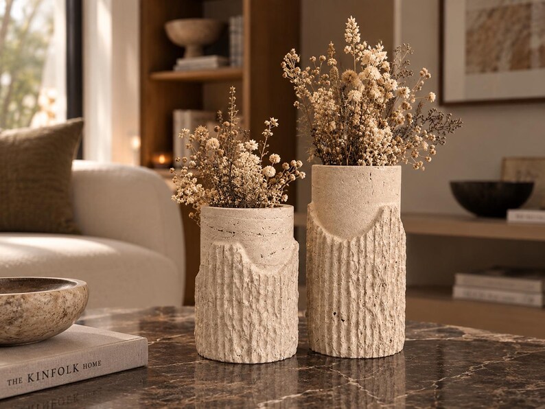 Travertine Vase Set – Handmade Sculptural Natural Stone Vases for Dried Flowers image 1