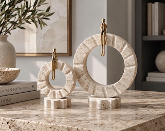Travertine Sculpture Set of 2 – Handmade Natural Stone Thinking Man Decor with Gold Figure