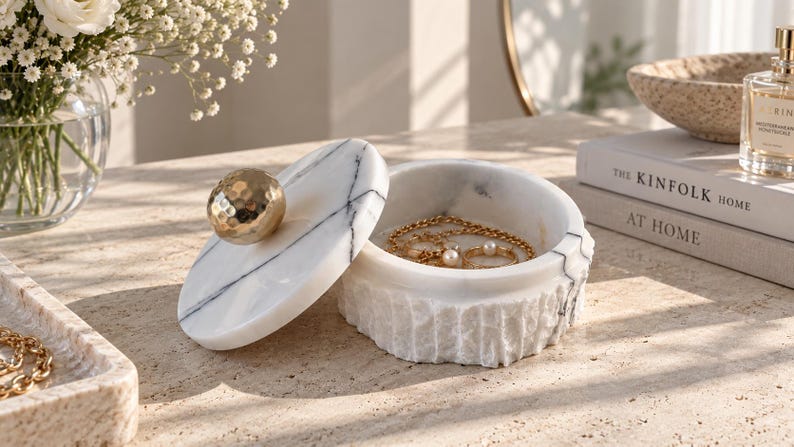 May include: A round white marble jewellery box with a textured exterior and a smooth lid featuring a gold-toned hammered metal sphere handle. The lid is tilted to the side, revealing a gold chain necklace and a ring resting inside the container.