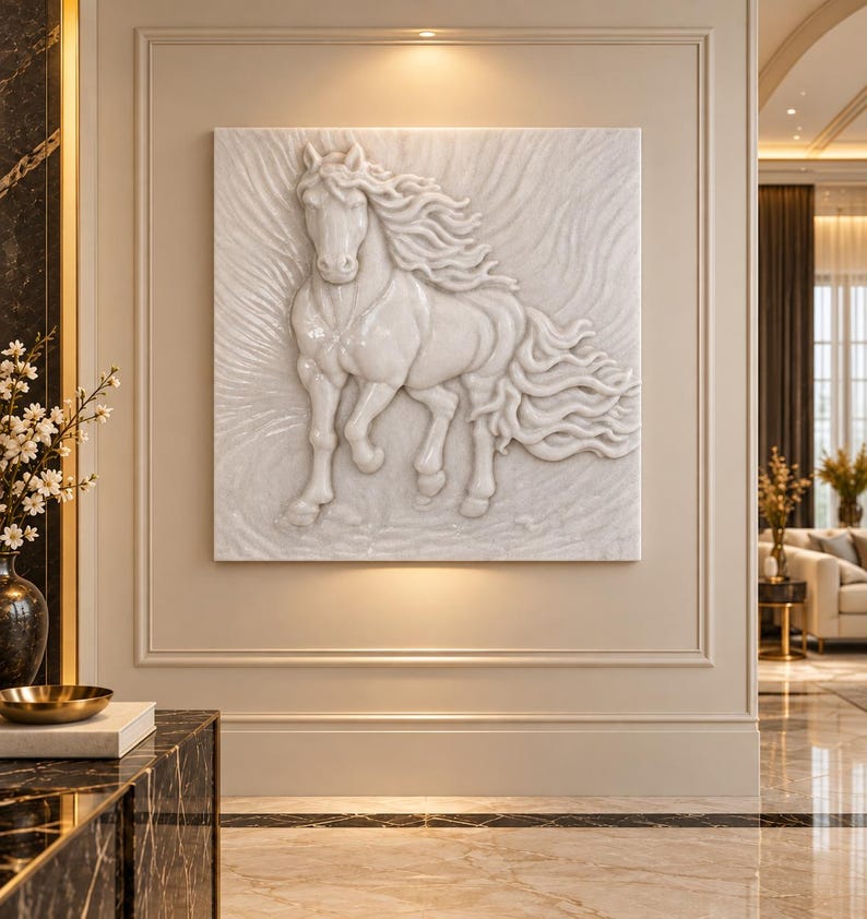 May include: A square white wall art piece featuring a high-relief sculpture of a horse in motion. The horse is depicted with a flowing mane and tail, rendered in a smooth, glossy finish that creates depth and texture against the matching background.