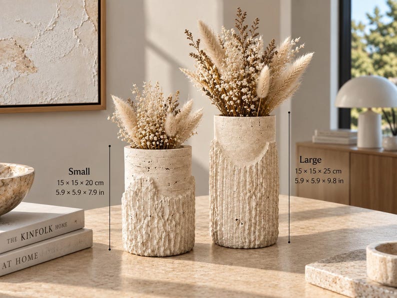 Travertine Vase Set – Handmade Sculptural Natural Stone Vases for Dried Flowers Set of 2