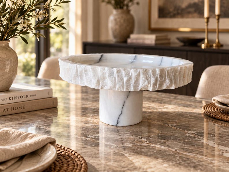 May include: A white marble pedestal bowl featuring a smooth, polished interior surface with grey veining and a contrasting rough, chiseled exterior edge. The bowl is supported by a cylindrical marble base that matches the white and grey veining.