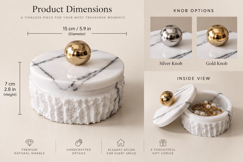 May include: A round white marble box with black veining, a textured base, and a gold spherical knob. Dimensions are 15 cm in diameter and 7 cm in height. The image displays knob options in silver and gold, and an open view of the box.