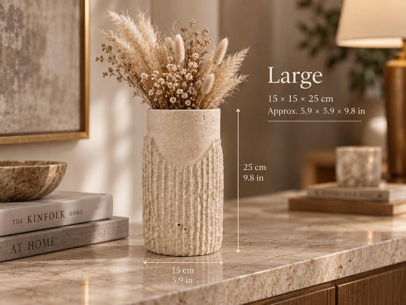 Travertine Vase Set – Handmade Sculptural Natural Stone Vases for Dried Flowers Large 15×25cm/ 6×10"