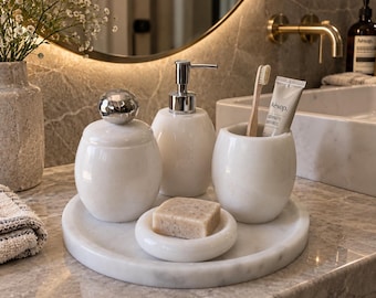 Badezimmer-Set aus weißem Marmor – 5-teiliges Set mit Stein-Waschtischaccessoires für die Badezimmergestaltung