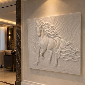 May include: A rectangular white wall relief sculpture featuring a high-relief carving of a horse in motion. The horse is depicted with a flowing mane and tail, with textured, wavy lines radiating from the figure across the flat surface.