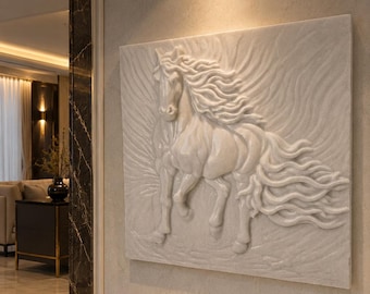 3D-Wandrelief eines Pferdes aus Marmor – Naturstein-Wandskulptur für luxuriöse Reitsport-Dekoration