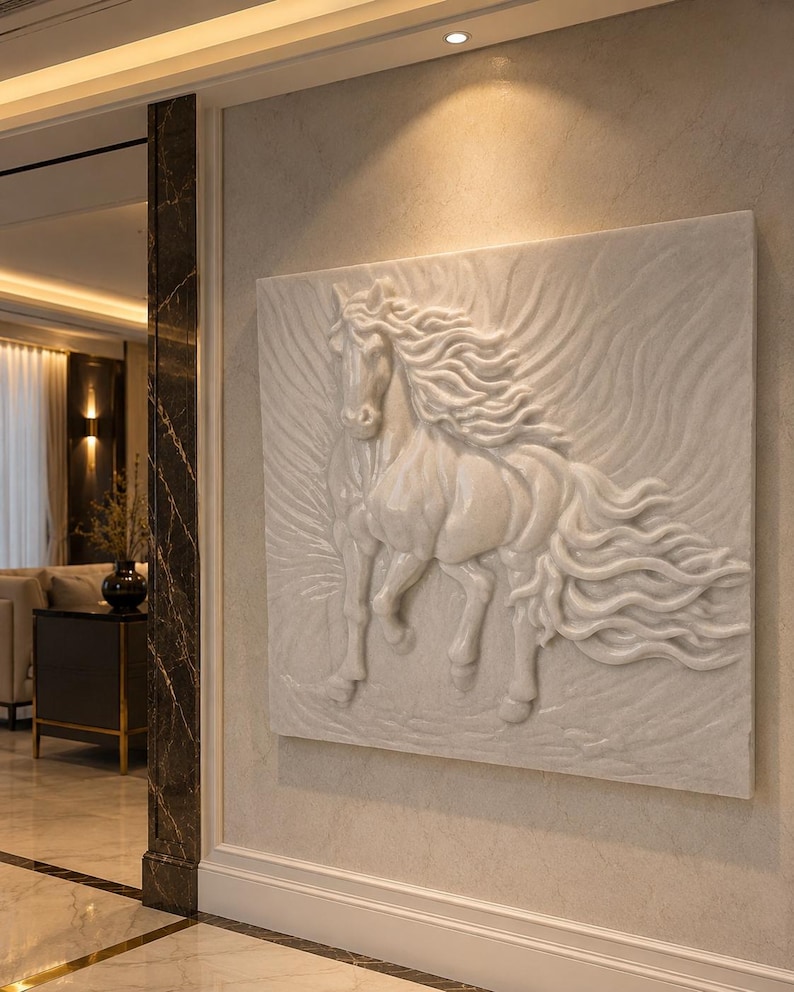 May include: A rectangular white wall relief sculpture featuring a high-relief carving of a horse in motion. The horse is depicted with a flowing mane and tail, with textured, wavy lines radiating from the figure across the flat surface.