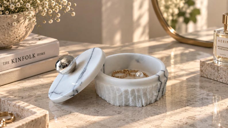 May include: A round white marble jewellery box with grey veining and a textured, rough-hewn exterior base. The lid features a smooth, polished surface with a central, rounded, metallic silver handle. Inside the open container sits a gold ring.