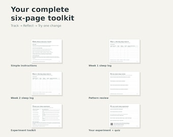 May include: A six-page wellness toolkit document featuring the text Blazing Into Wellness and Your complete six-page toolkit. It includes sections for simple instructions, a week 1 sleep log, a week 2 sleep log, a pattern review, an experiment toolkit, and your experiment plus quiz.