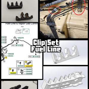 Peut inclure: Un ensemble de clips de conduite de carburant en plastique noir avec plusieurs fentes pour fixer les tuyaux automobiles. L'image comprend des schémas techniques, un rendu 3D du composant et une photo montrant les clips installés sur un châssis.
