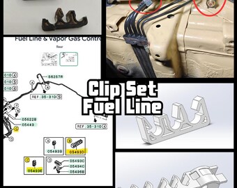 May include: A black plastic fuel line clip set featuring multiple slots for securing automotive hoses. The image includes technical diagrams, a 3D render of the component, and a photograph showing the clips installed on a vehicle chassis.