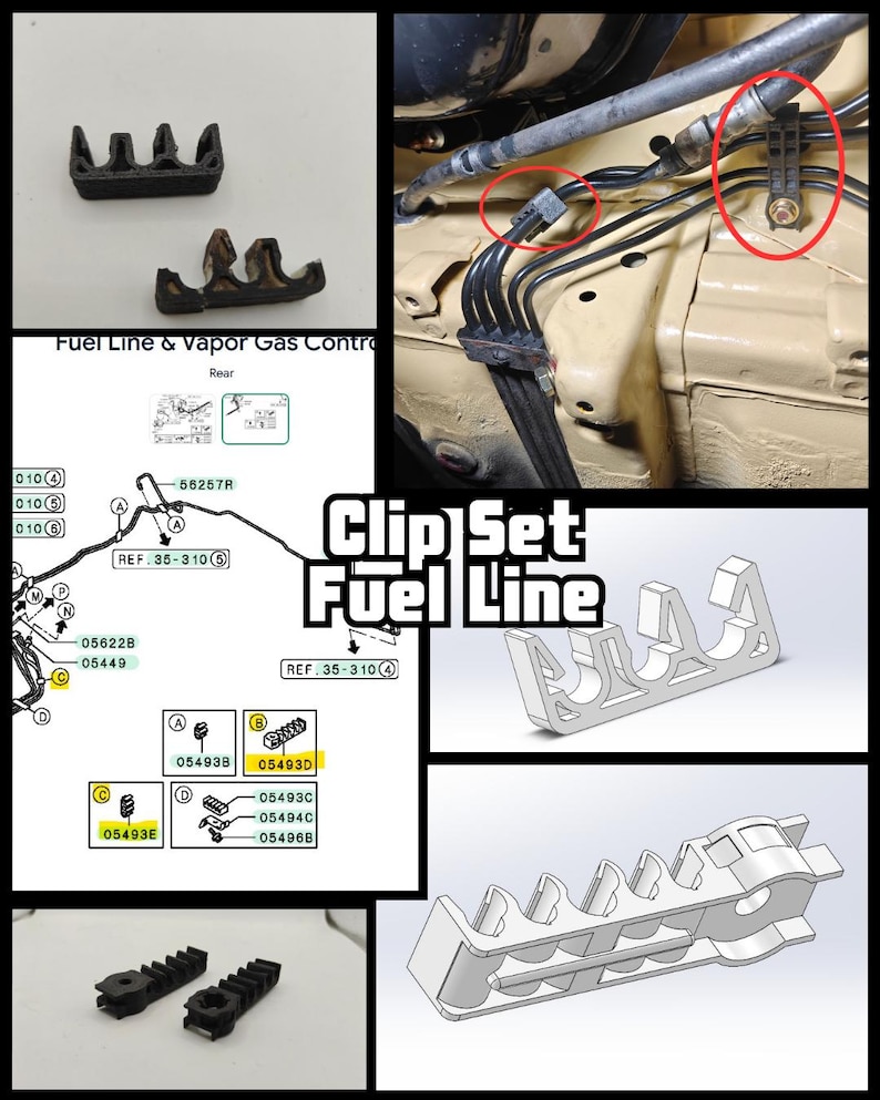 May include: A black plastic fuel line clip set featuring multiple slots for securing automotive hoses. The image includes technical diagrams, a 3D render of the component, and a photograph showing the clips installed on a vehicle chassis.