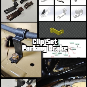 Könnte beinhalten: Ein Feststellbremsen-Clip-Set mit schwarzen Metall-Montagehalterungen, CAD-Design-Renderings und einem technischen Diagramm. Der Text Clip Set Parking Brake ist in der Mitte zu sehen. Das Set enthält verschiedene Hardware-Komponenten.
