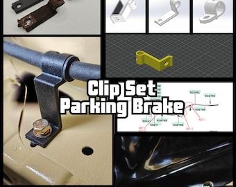 May include: A parking brake clip set featuring black metal mounting brackets, CAD design renderings, and a technical diagram. The text Clip Set Parking Brake is displayed in the center. The set includes various hardware components for automotive use.