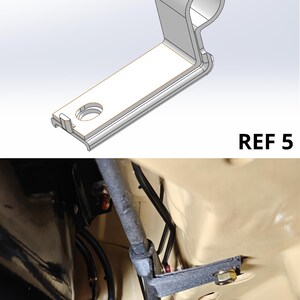 May include: A metallic L-shaped mounting bracket with a cylindrical loop at one end and a circular hole at the other, labeled REF 5. The bracket is shown in a 3D technical rendering and installed in a vehicle chassis securing a black hose.