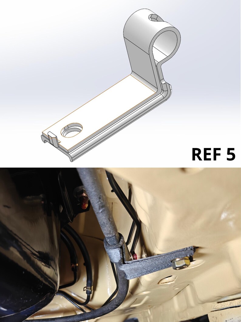 May include: A metallic L-shaped mounting bracket with a cylindrical loop at one end and a circular hole at the other, labeled REF 5. The bracket is shown in a 3D technical rendering and installed in a vehicle chassis securing a black hose.