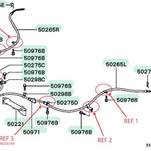 May include: A technical line drawing of a vehicle cable assembly featuring black lines on a white background. The diagram includes various numbered reference codes such as 50275E, 50265R, 50976B, 50275C, 50298C, 50221, 50971, 50298B, 50275D, 50265L, REF 1, REF 2, REF 3, REF 4, REF 5, MB857981, MB256789, and 3SR2C51.