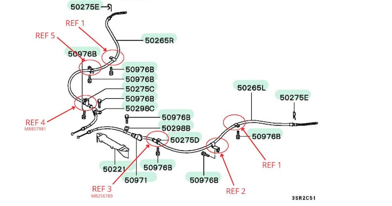 May include: A technical line drawing of a vehicle cable assembly featuring black lines on a white background. The diagram includes various numbered reference codes such as 50275E, 50265R, 50976B, 50275C, 50298C, 50221, 50971, 50298B, 50275D, 50265L, REF 1, REF 2, REF 3, REF 4, REF 5, MB857981, MB256789, and 3SR2C51.