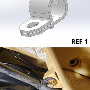 May include: A P-clip cable clamp shown in a 3D technical rendering and installed in a vehicle engine bay. The clamp is secured with a gold-colored hex bolt against a tan-painted metal frame, holding a black cable in place near a black component.